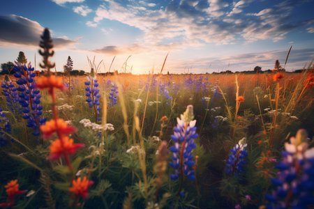 Sunset over a field with lupins and wildflowersの素材
