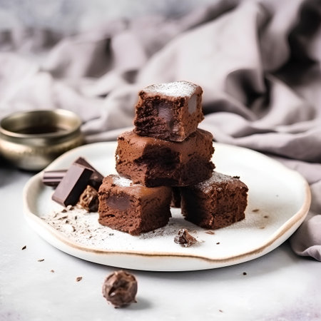 chocolate fudge on a white plate, selective focus, verticalの素材