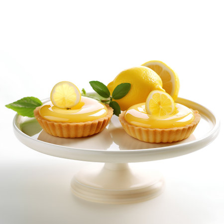 Lemon tartlets with fresh lemons and mint on white backgroundの素材