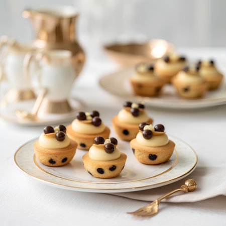Mini cupcakes with chocolate and cream on a white background. Selective focus.の素材