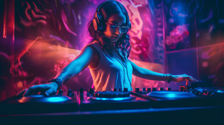 Portrait of a young female DJ playing music at the nightclub.の素材