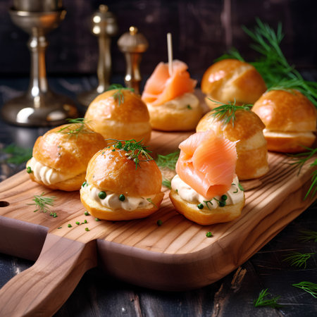 Smoked salmon tartlets with cream cheese and dill on wooden boardの素材