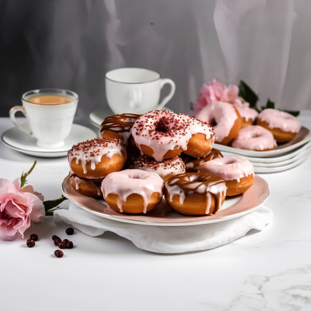 Homemade donuts with pink glaze and coffee on a white backgroundの素材