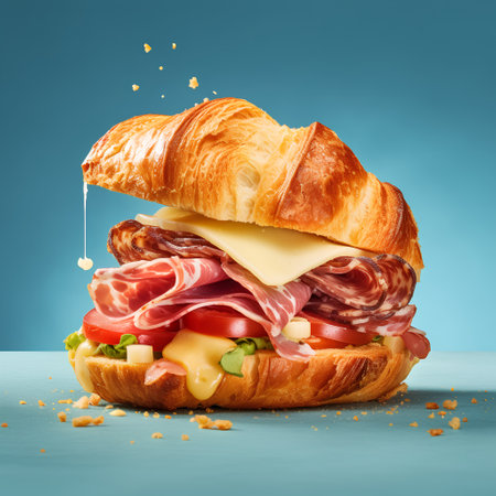 Croissant sandwich with ham, cheese, salami and vegetables on blue backgroundの素材