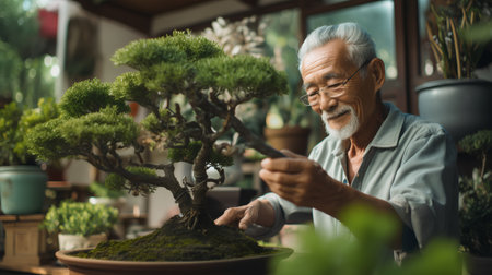 Senior asian man working with bonsai tree at home.の素材