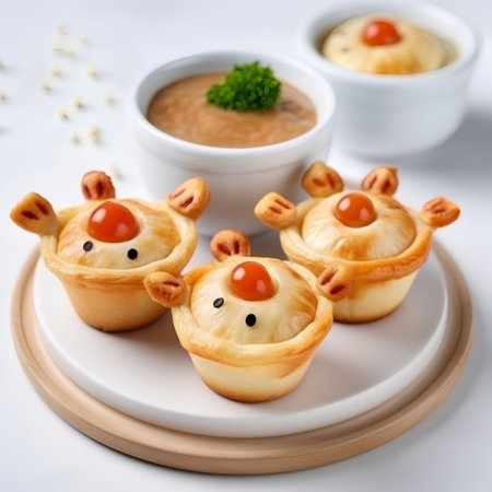 Funny mini penguins made of puff pastry, food closeupの素材
