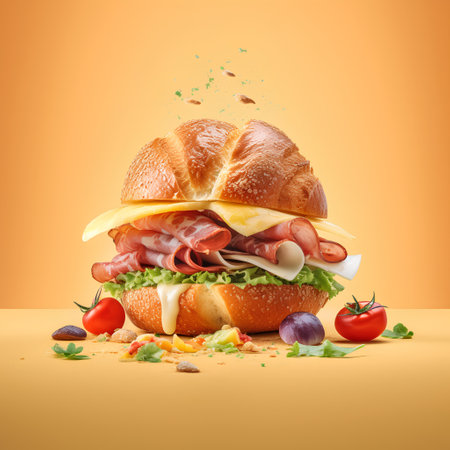 Big sandwich with ham, cheese, lettuce, tomato, onion and pepper on orange backgroundの素材
