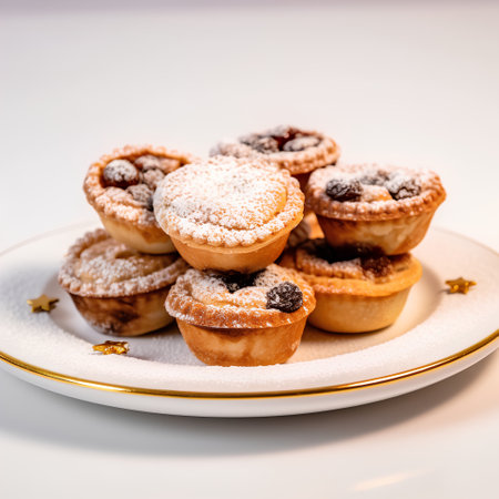 Mince pies with raisins and powdered sugar on a white plateの素材