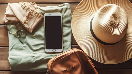 Outfit of traveler on wooden background. Top view with copy spaceの素材