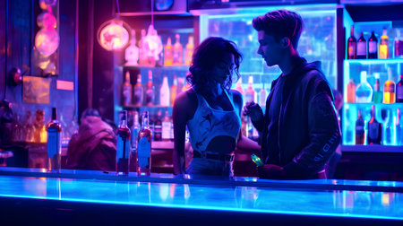 Young man and woman at bar counter in nightclub with neon light.の素材