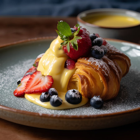 Croissant with cream and fresh berries on wooden table, squareの素材