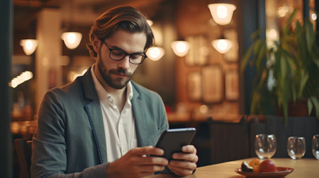 Handsome young man in eyeglasses using smartphone in cafeの素材