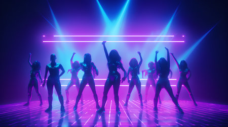 3d render of a group of girls dancing in front of a disco lightの素材