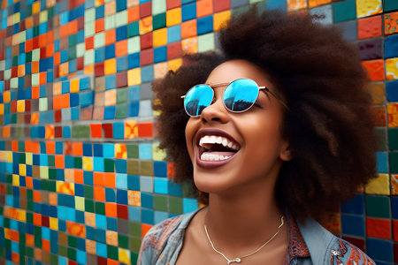 Portrait of beautiful african american woman with afro hairstyle and sunglasses.の素材