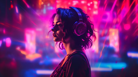 Portrait of a beautiful young woman with headphones listening to music.の素材