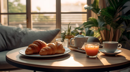 Breakfast with coffee, croissants and juice in the morning sunlightの素材