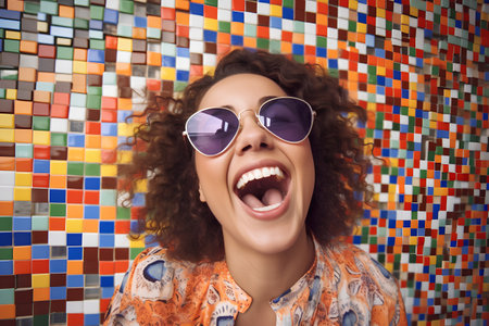 Portrait of a beautiful young woman with curly hair wearing sunglasses.の素材