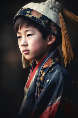 Korean boy dressed in traditional costume, close-up portrait.の素材