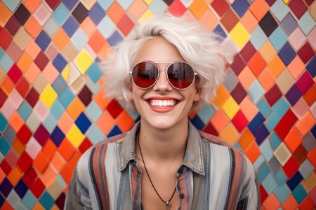 Portrait of a happy young woman wearing sunglasses over colorful mosaic background.の素材