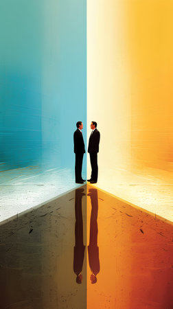 Businessmen looking at each other in a room with colorful wall.の素材