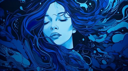 Illustration of a beautiful girl with blue hair and blue waves on a dark backgroundの素材