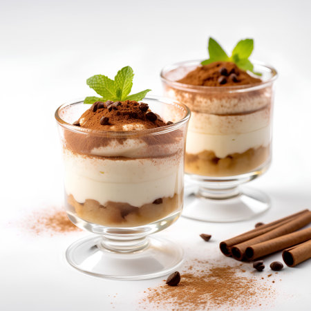 Classic tiramisu dessert in a glass on white background. Selective focus.の素材