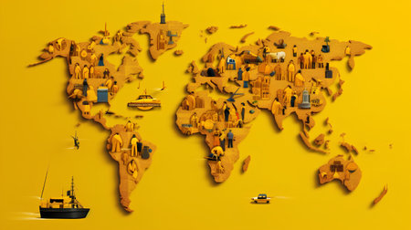 World map made of famous travel landmarks on yellow background. 3d illustrationの素材
