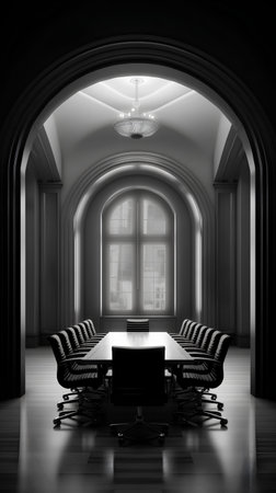 Interior of a conference room with a round table and black chairsの素材