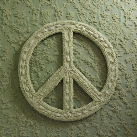 Peace sign on a green wall, symbolizing peace and hope.の素材