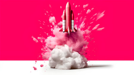 Rocket taking off on a pink background. 3d render. Business concept.の素材