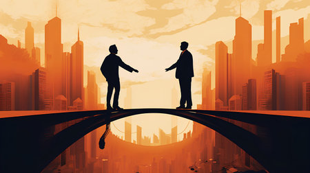 Business people standing on the road in the city. Vector illustration.の素材