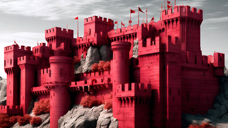 Fantasy landscape with red castle on the hillside. 3D illustration.の素材