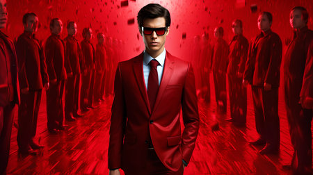 Fashionable young man in red suit and sunglasses standing in front of a crowd of people with red light effectの素材
