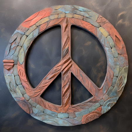 Peace sign on a leather background. 3D illustration. Vintage style.の素材