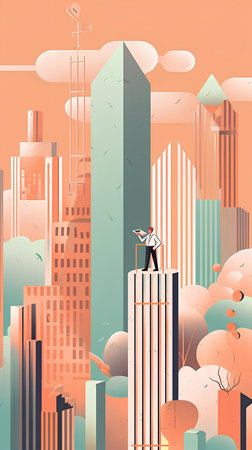 Businessman looking at the city. Vector illustration in flat style.の素材