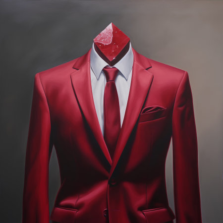 Red suit with a red tie on a mannequin on a dark backgroundの素材