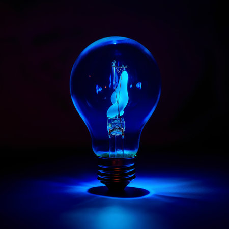 Blue light bulb with human body inside on dark background. 3D renderingの素材
