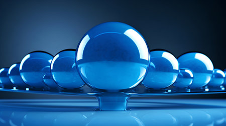 3d render of blue glass spheres in a row on blue backgroundの素材
