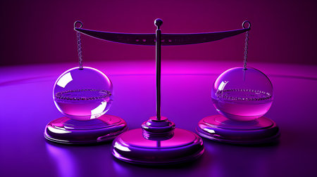 3d rendering of a balance scale in purple background with reflection.の素材
