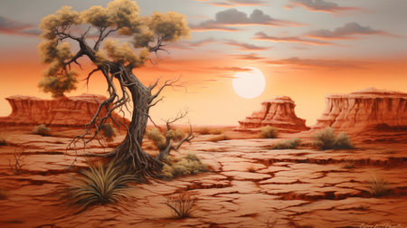 Desert landscape with a dry tree in the foreground, 3d renderの素材