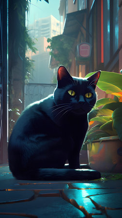 Black cat sitting on the street in the evening. 3d renderingの素材