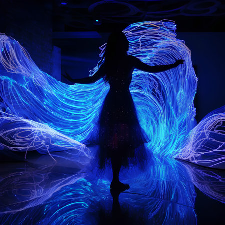 Silhouette of a woman dancing in the dark with blue lightsの素材