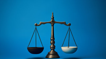 Scales of justice and egg on blue background. 3d renderingの素材