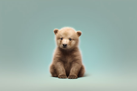Cute little brown bear sitting on blue background with copy space.の素材