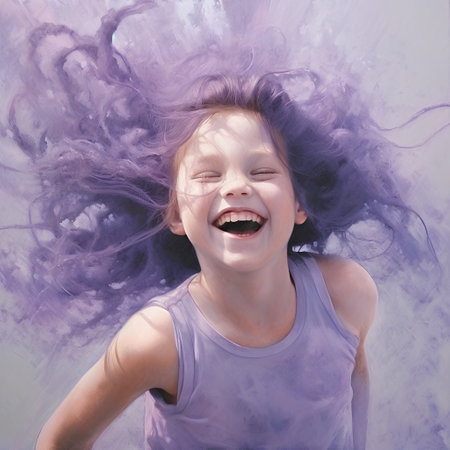 Portrait of a laughing little girl with purple hair in the windの素材