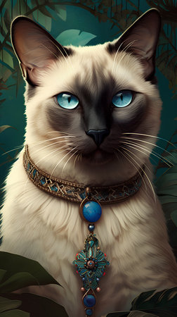 Cat with blue eyes and turquoise necklace. 3D renderingの素材