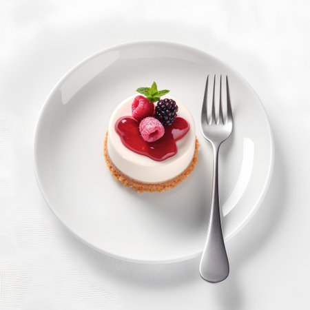 Delicious cheesecake with fresh berries on plate, isolated on whiteの素材
