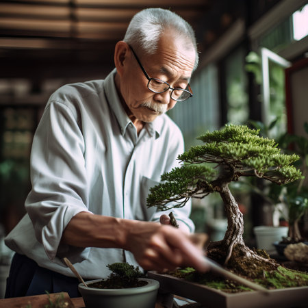 Senior Japanese man working with bonsai tree in his garden.の素材