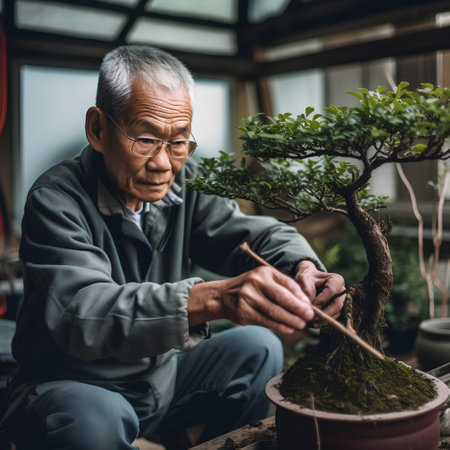 Senior Japanese man working with bonsai tree in his garden.の素材