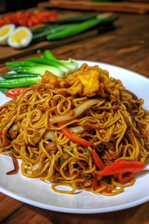 Fried noodle with pork and vegetables on a wooden table.の素材